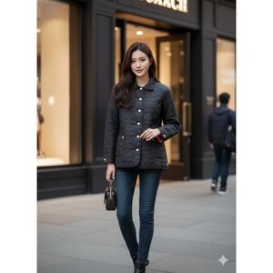 Coach Quilted Puffer Jacket Snap Front Gold Buttons Pink Lining Large